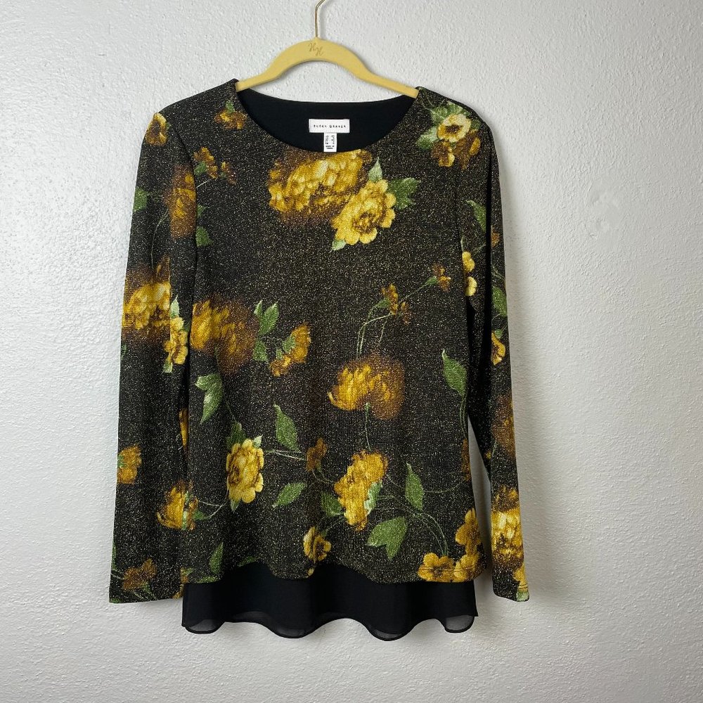 Susan Graver Women's Black/Gold Printed Lurex Sweater w/ Chiffon Hem